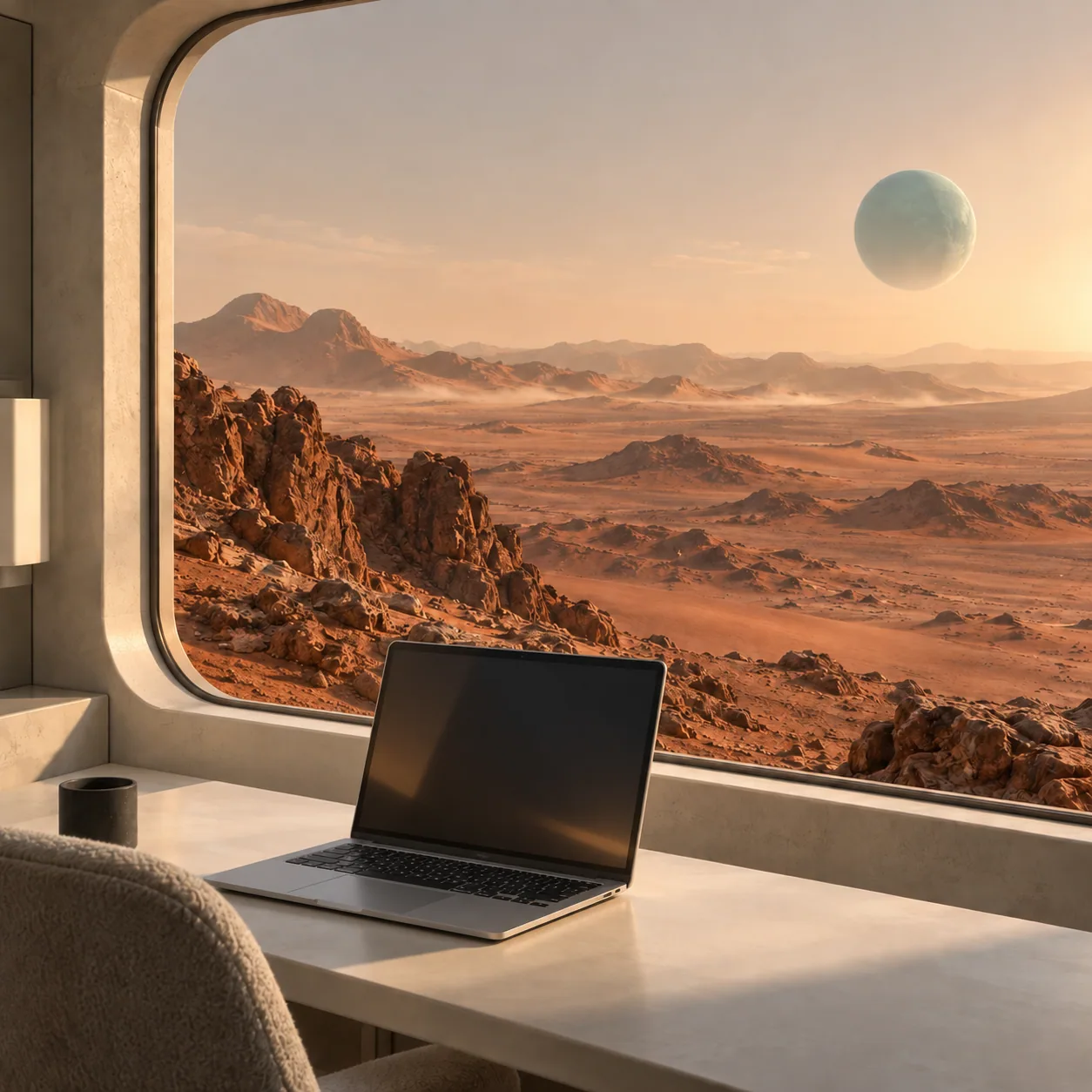 A quiet laptop workspace overlooking a rust-red desert and a distant blue-green planet.